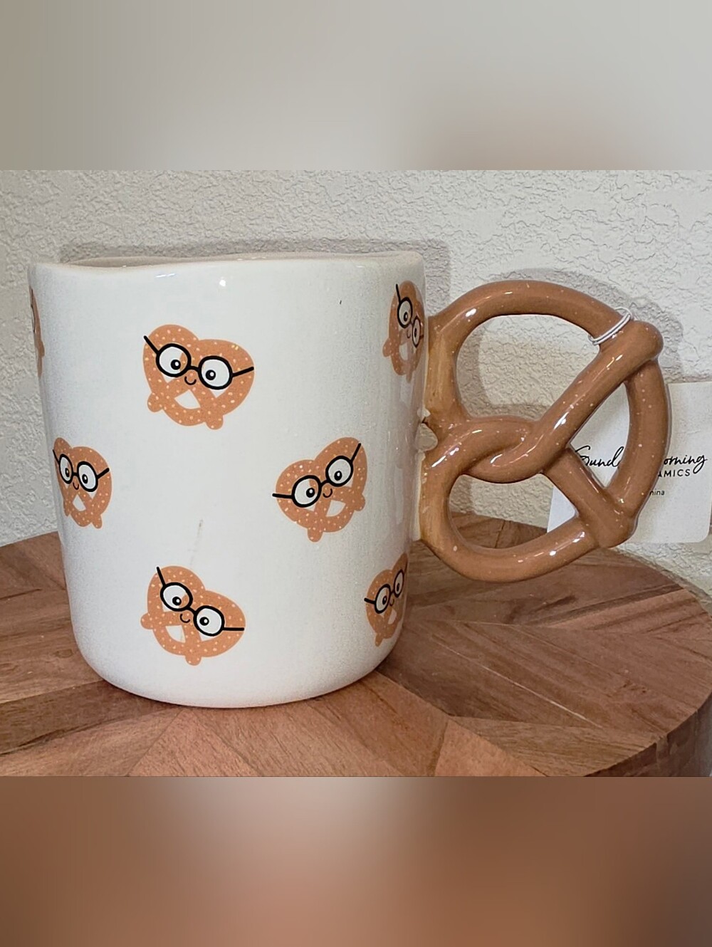Sunday Morning Ceramics Whimsical Pretzel Pattern Ceramic Mug in Tan